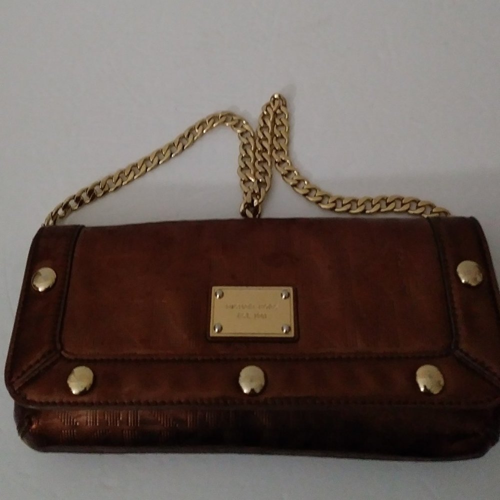 Michael Kors Bronze Shiny  Metallic Signature Bag with Gold Chain Strap